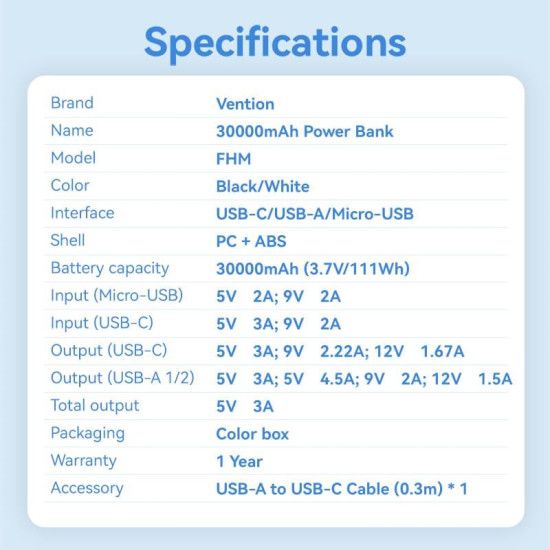 POWER BANK USB 30000MAH 22.5W/BLACK FHMB0 VENTION